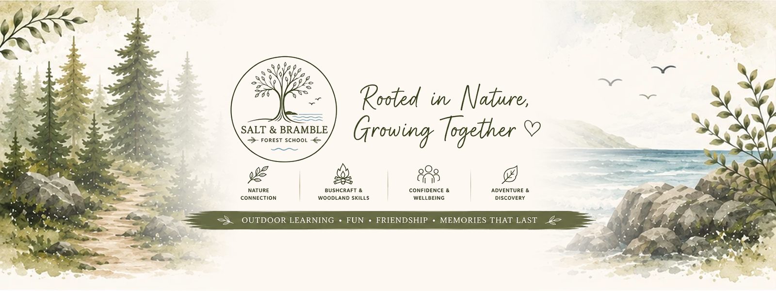 Salt & Bramble Forest School. Rooted in nature, growing together. Nature connection, bushcraft and woodland skills, confidence and wellbeing, adventure and discovery.
